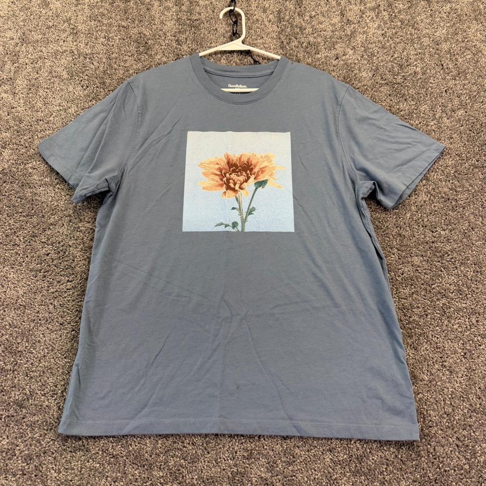 Goodfellow & Co T Shirt Mens Large Blue Flower Graphic Short Sleeve Cotton Blend